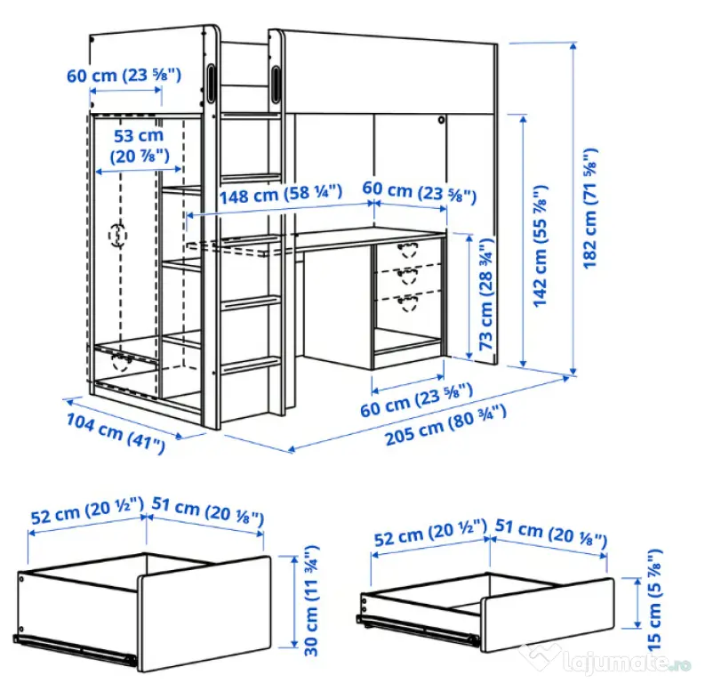 2 Paturi Supraetajate IKEA SMÅSTAD cu Birou Depozitare Saltele Incluse 90x200