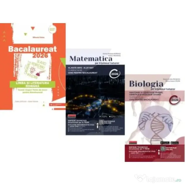 Pachet Bacalaureat 2026, Limba si literatura romana, Matematica pe intelesul tuturor M-mate-info, M-stiintele naturii si Biologia pe intelesul tuturor