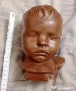 Bust de bebelus adormit teracota/gips patinat 17 cm. foarte greu