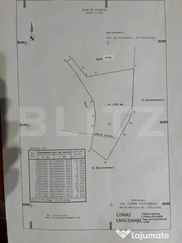 De vânzare: Teren intravilan 1.180 mp – Pietroasa, com. M - Pietroasa (Cluj)
