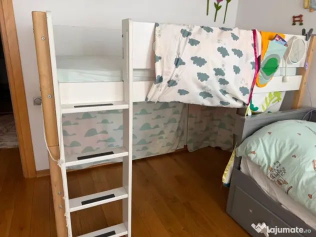 Pat înalt FLEXA NOR 90x200 cm cu saltea și accesorii