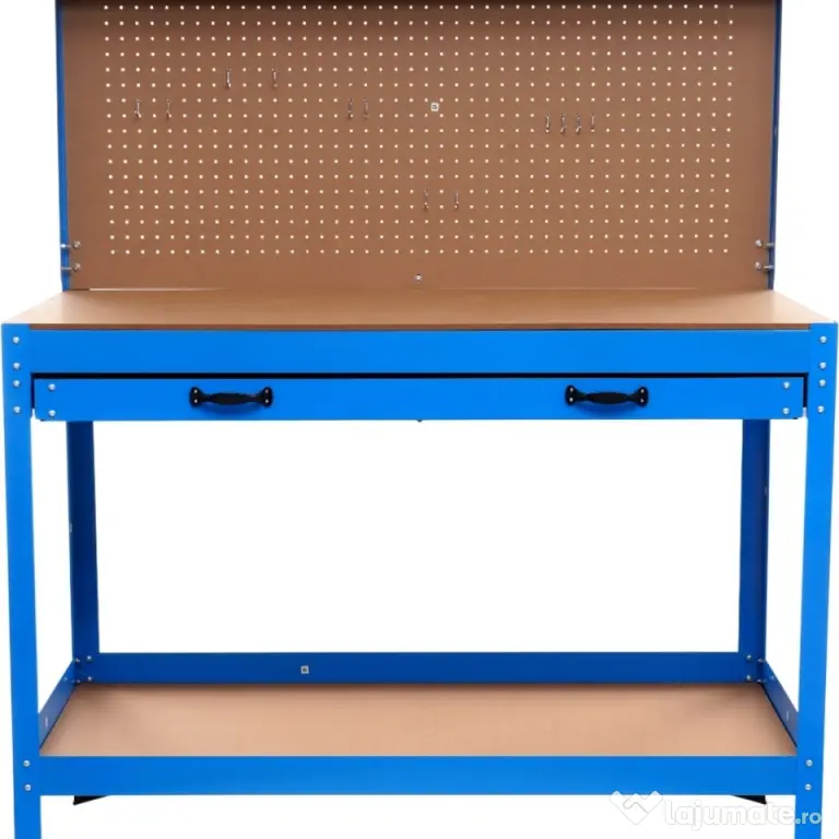 Masă de lucru pentru atelier XD640, 1200 x 600 mm, cu sertar, panou pentru scule și raft inferior 80 kg