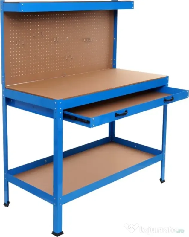 Masă de lucru pentru atelier XD640, 1200 x 600 mm, cu sertar, panou pentru scule și raft inferior 80 kg