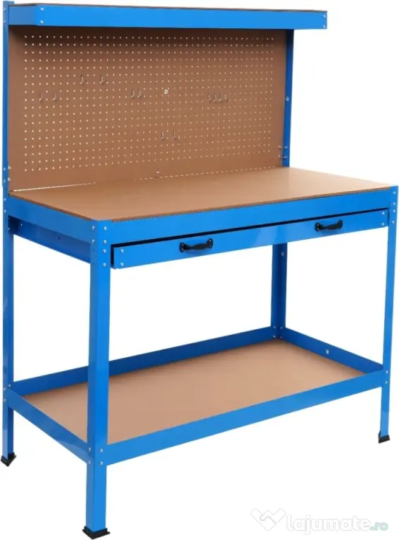 Masă de lucru pentru atelier XD640, 1200 x 600 mm, cu sertar, panou pentru scule și raft inferior 80 kg
