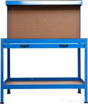 Masă de lucru pentru atelier XD640, 1200 x 600 mm, cu sertar, panou pentru scule și raft inferior 80 kg 