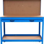 Masă de lucru pentru atelier XD640, 1200 x 600 mm, cu sertar, panou pentru scule și raft inferior 80 kg
