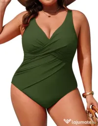 Costum de baie monokini cu control al abdomenului, mărime plus, cu decolteu încrucișat și parte frontală plisată – Verde Armata 