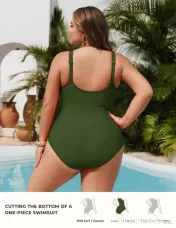 Costum de baie monokini cu control al abdomenului, mărime plus, cu decolteu încrucișat și parte frontală plisată – Verde Armata 