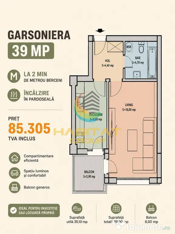 Vânzare Garsoniera 39 mp Popești Leordeni Metrou Berceni - Popesti Leordeni (Bucuresti-Ilfov)