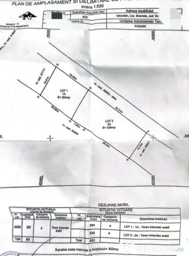 Teren intravilan, 284 mp, pretabil investitie, zona Braniste