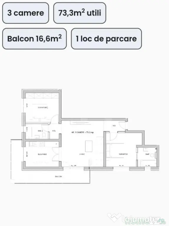 Apartament 3 camere,73 mp utili, balcon 16,60 mp, zona Esso - Giroc (Timis)