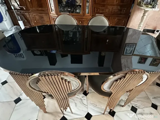 Masă dining din sticlă + 6 scaune elegante – design deosebit