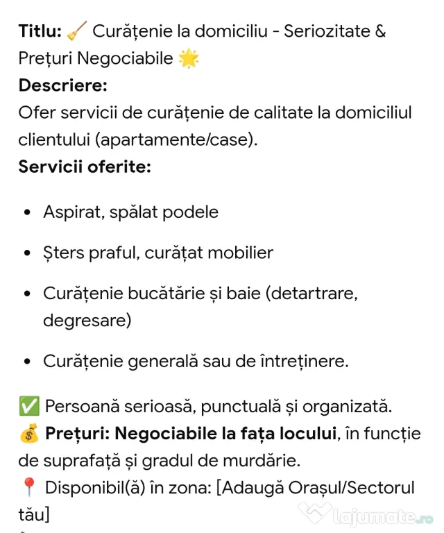 Oferim servicii de curățenie la domiciliul clientului preturile sunt negociabile