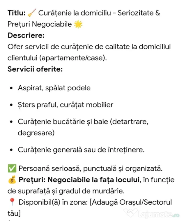 Oferim servicii de curățenie la domiciliul clientului preturile sunt negociabile