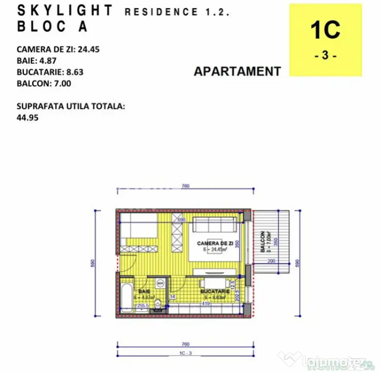 SkyLight Residence | Studio – Etaj 5/17 – 48.84 mp total