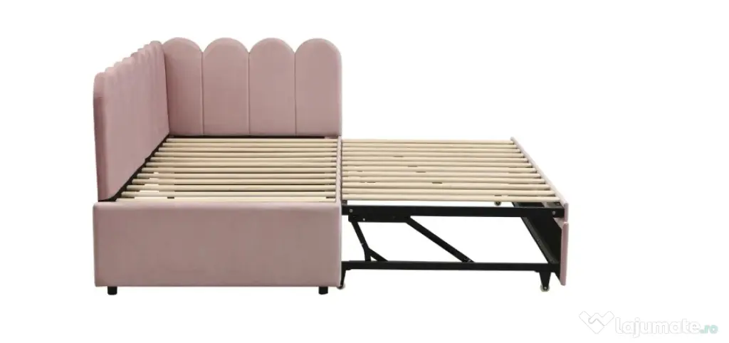 NOU Pat principal tapiterie catifea roz 140x200 cm / pat extensibil 90x190 cm