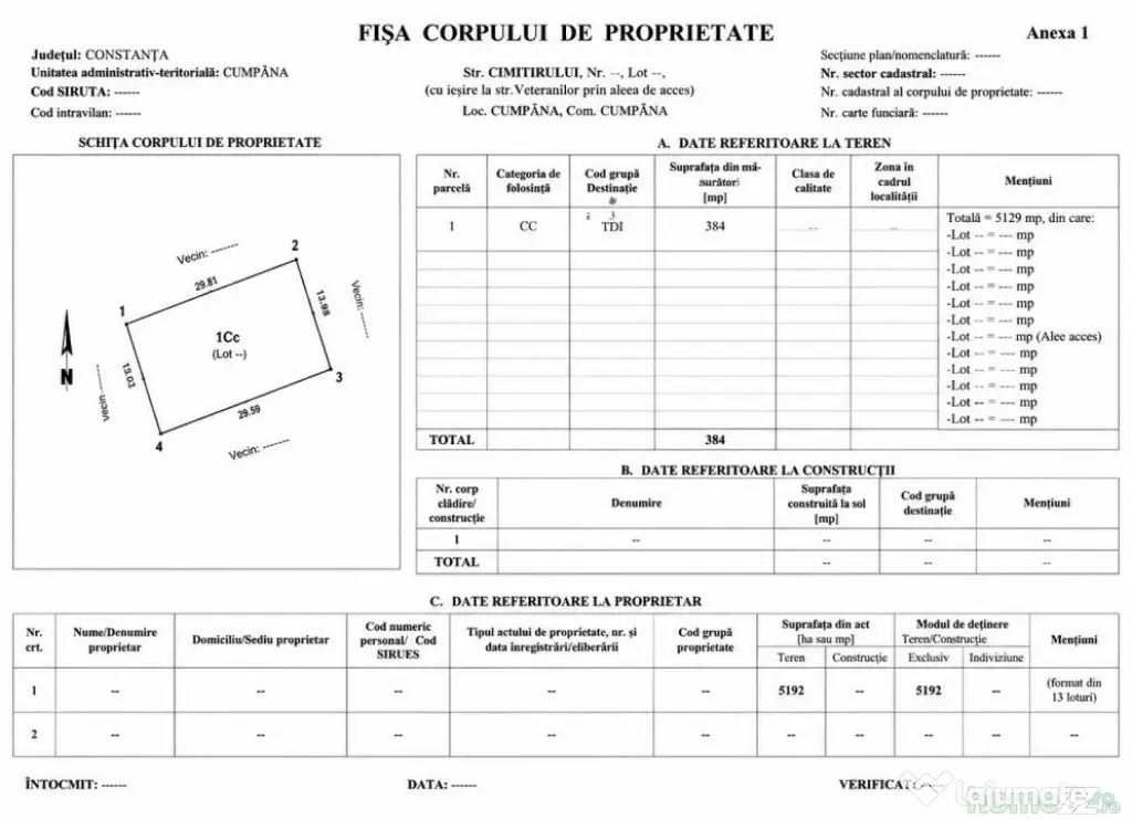 Cumpăna Teren 384 mp cu deschidere la 2 străzi toate utili