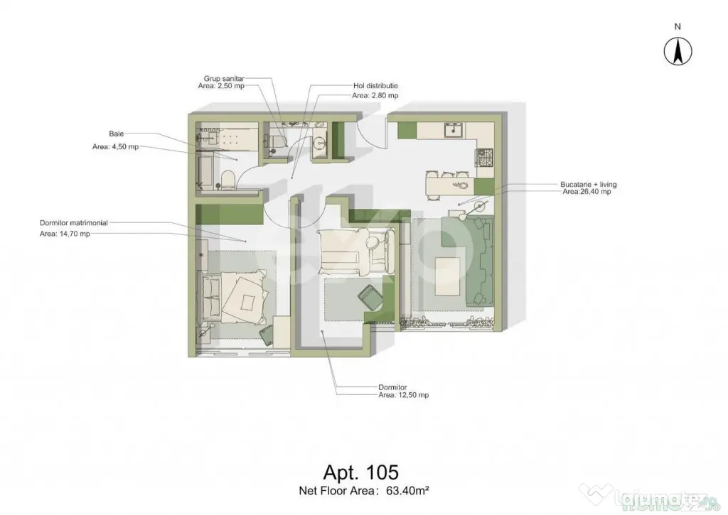 Apartament 3 camere | 63,40 mp | Intabulat | Predare la chei