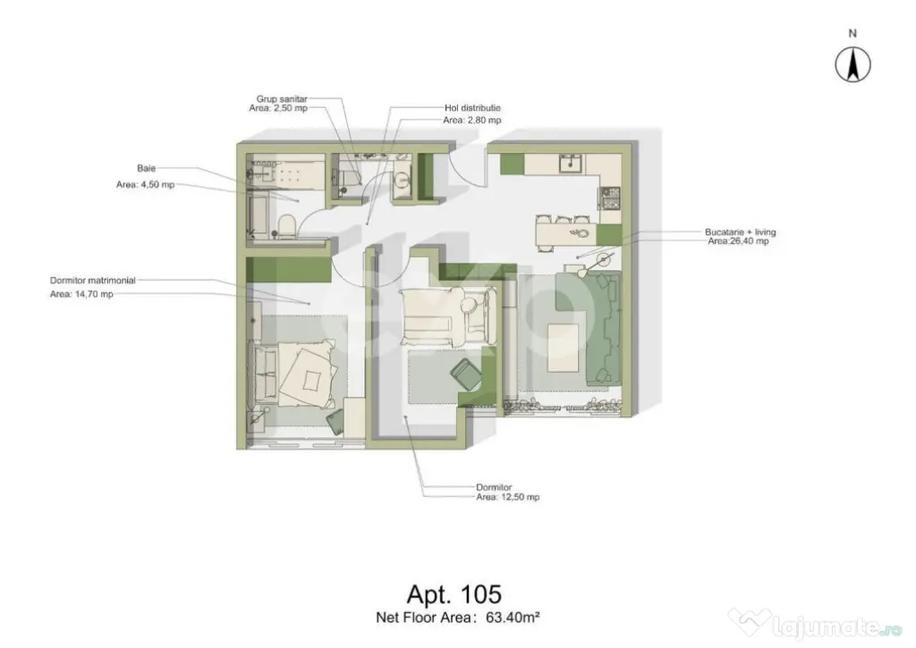Apartament 3 camere | 63,40 mp | Intabulat | Predare la chei