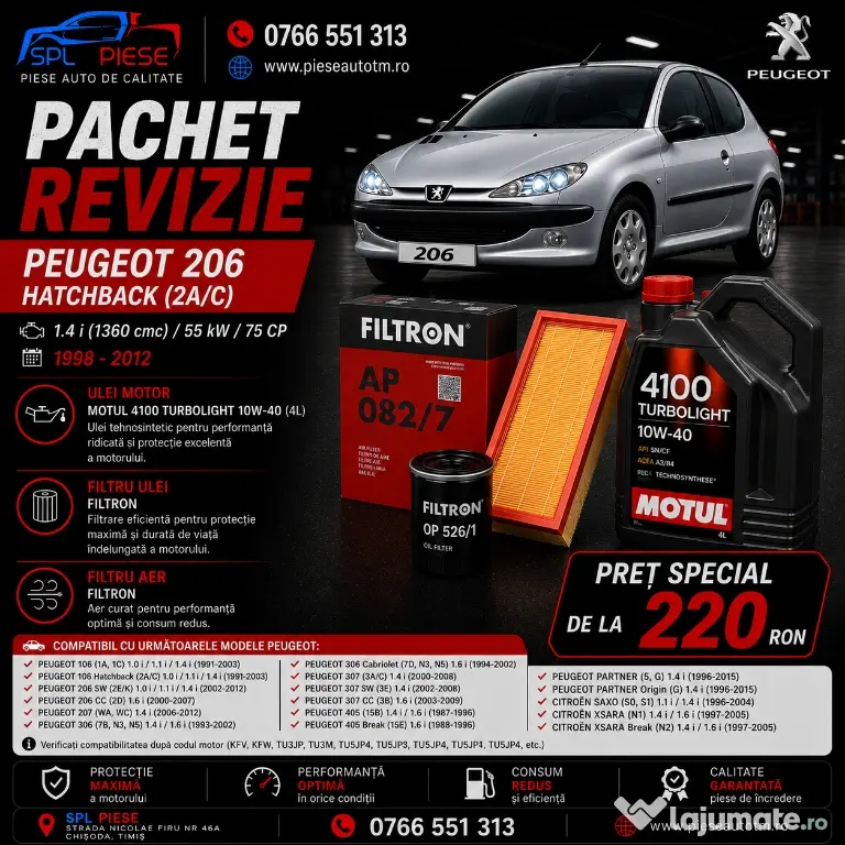 Pachet Revizie Peugeot 206 1.4 i 75 CP (1998–2012)