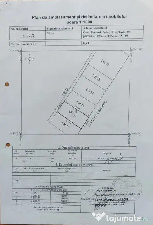 Lot teren 700 mp*Intravilan*Comuna Berceni*deschidere 17m