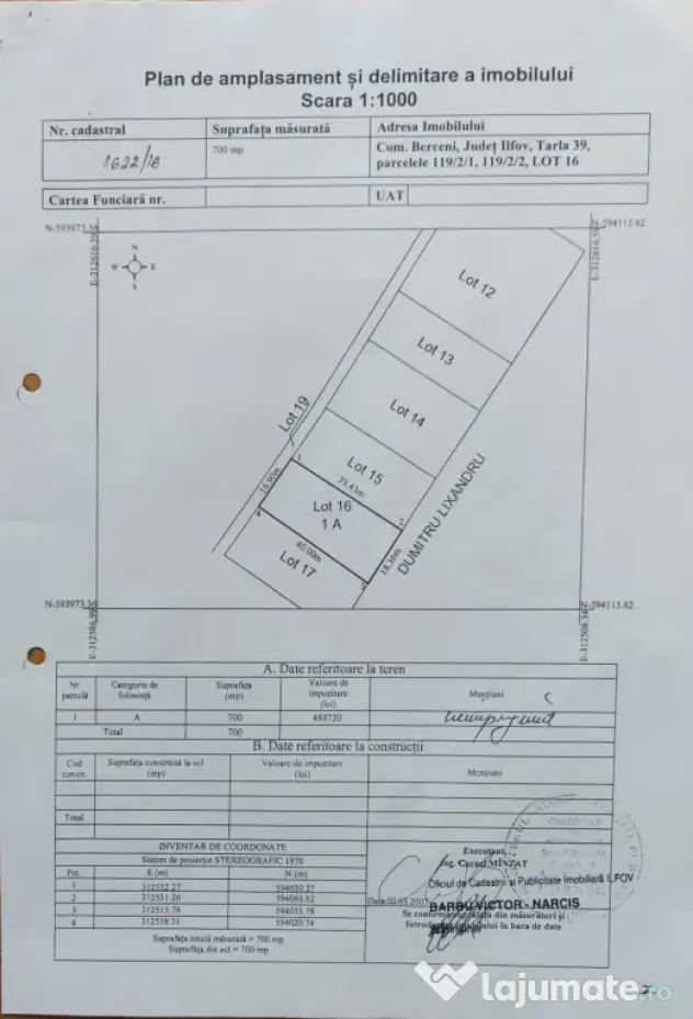 Lot teren 700 mp*Intravilan*Comuna Berceni*deschidere 17m