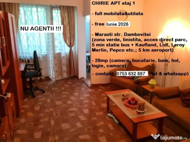 Chirie Marasti | apt 1 camera 28mp | et 1 | full mobilat & utilat| balcon