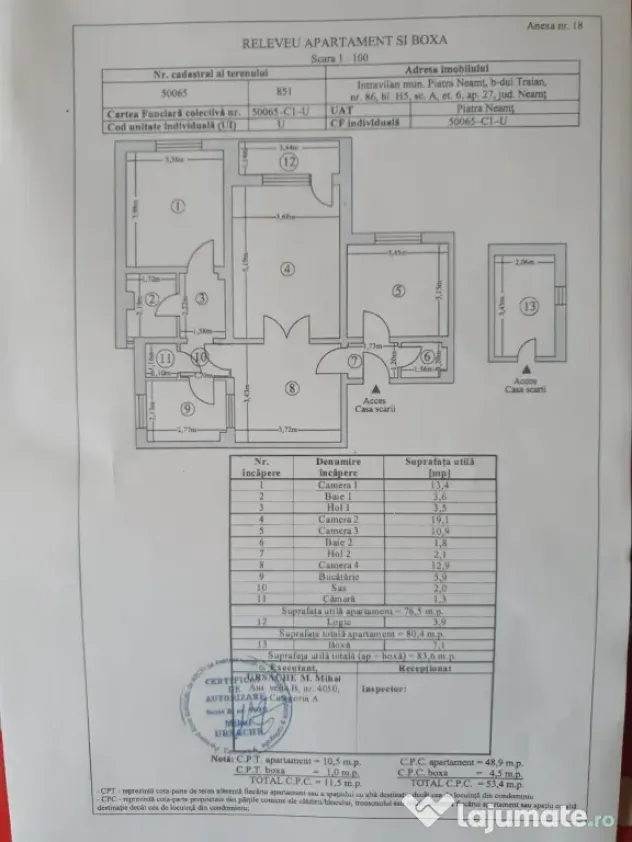 apartament 4 camere (81 mp + 7 mp boxa), Maratei, Piatra Neamt 78000 negociabil