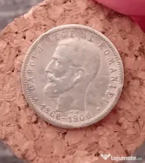 Monedă rară 1 LEU, 1870 Carol I, două portrete istorice, argint, piesă de colecție