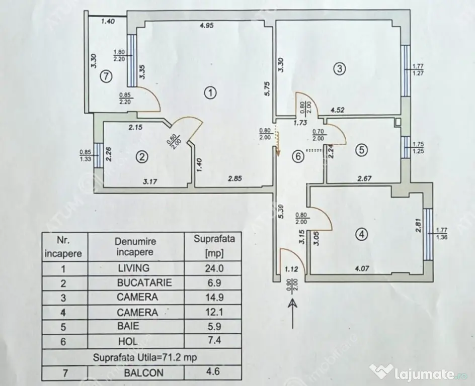 Apartament cu 3 camere decomandate si balcon la etajul 2 zon