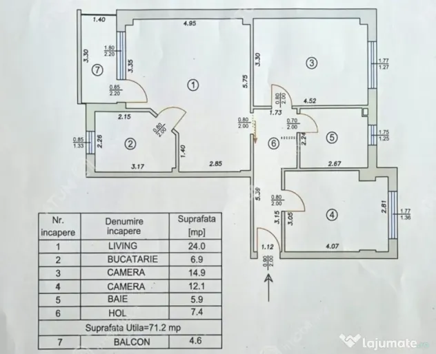 Apartament cu 3 camere decomandate si balcon la etajul 2 zon