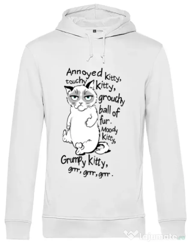 Hoodie barbat cu gluga Grumpy kitty Alb
