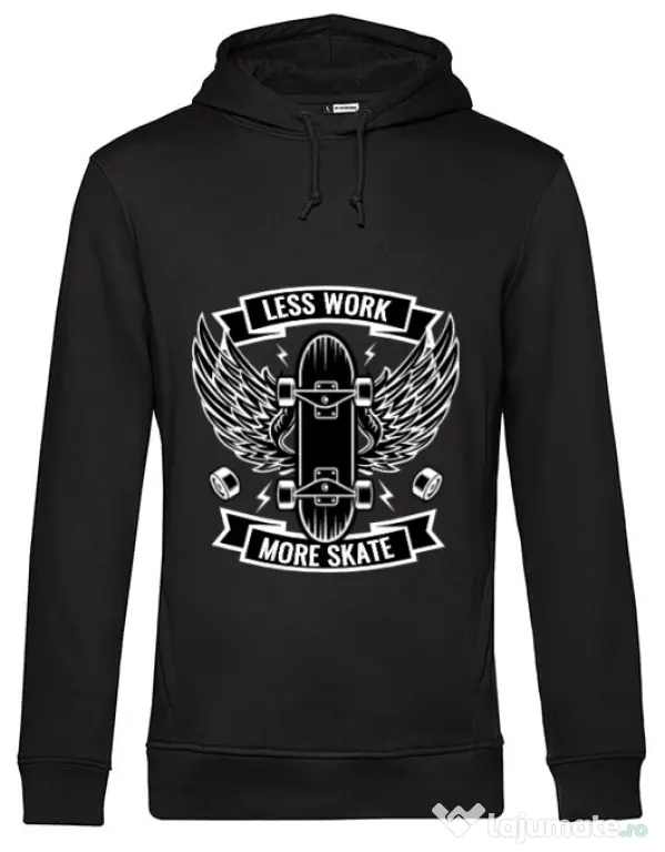 Hoodie barbat cu gluga Less work more skate Negru