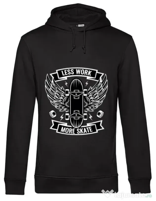 Hoodie barbat cu gluga Less work more skate Negru
