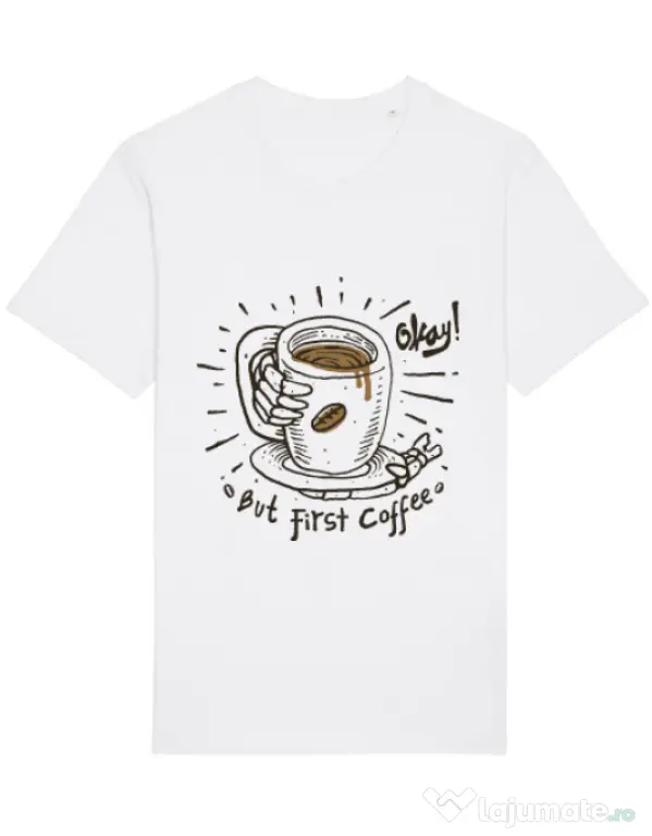 Tricou STANLEY STELLA barbat Okay! But first coffee Alb