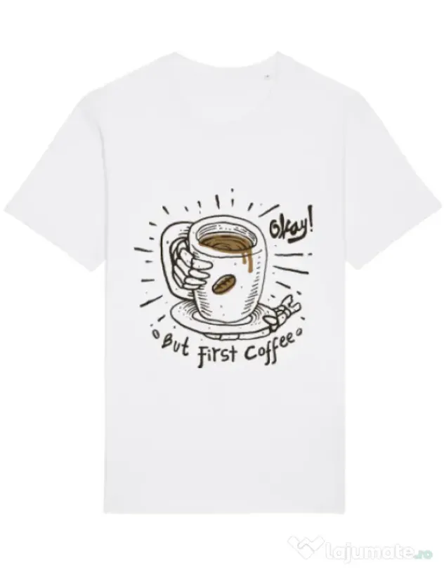 Tricou STANLEY STELLA barbat Okay! But first coffee Alb