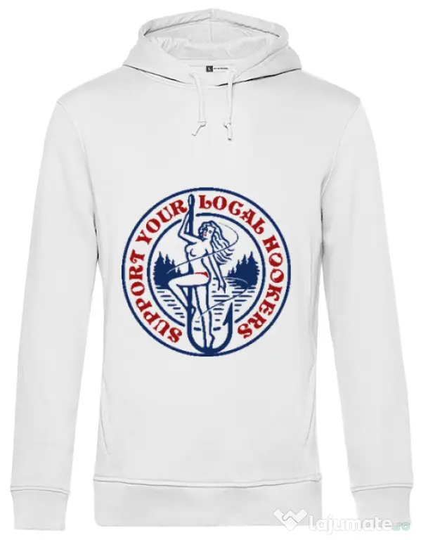Hoodie barbat cu gluga SUPPORT YOUR LOCAL HOOKERS Alb