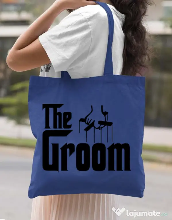 Sacosa personalizata Mire The groom Albastru regal
