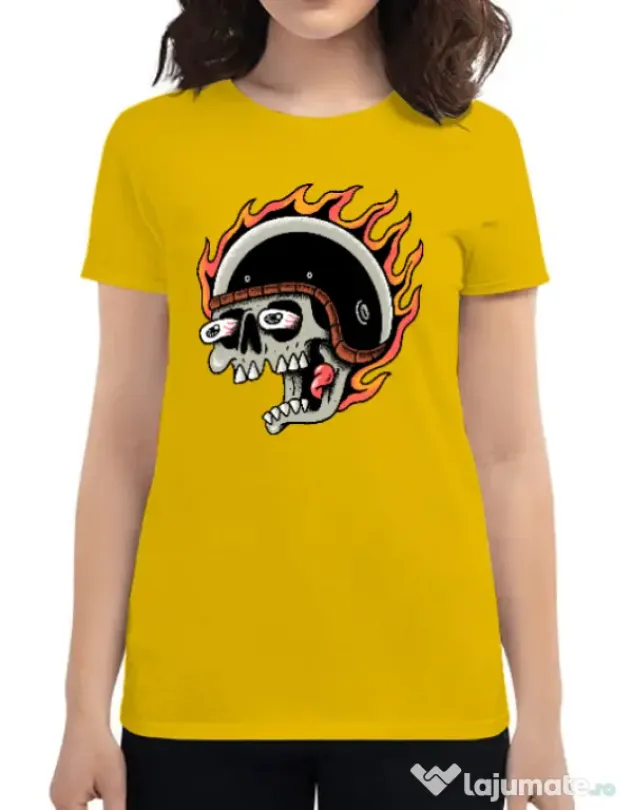 Tricou personalizat dama Skull Biker Galben