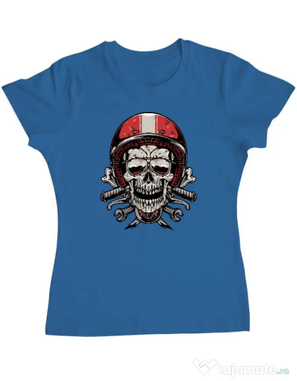 Tricou personalizat dama Skull Biker Albastru azuriu