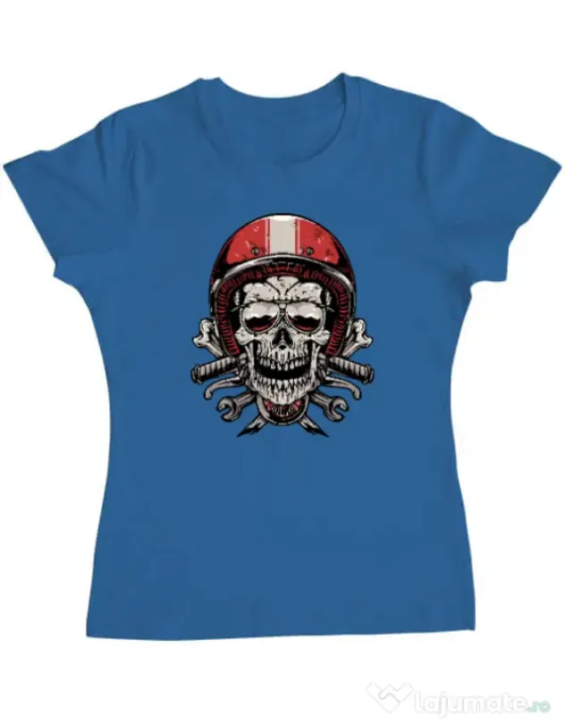Tricou personalizat dama Skull Biker Albastru azuriu
