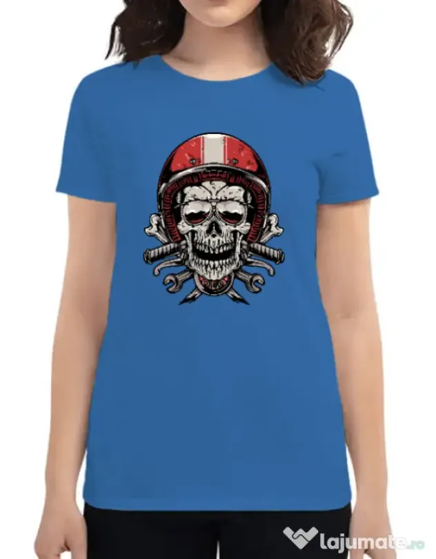 Tricou personalizat dama Skull Biker Albastru azuriu