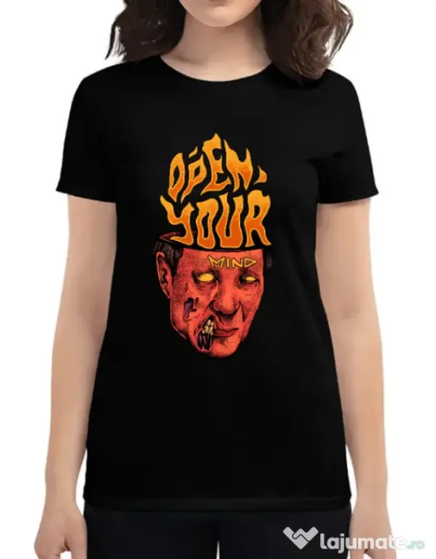 Tricou personalizat dama OPEN YOUR MIND Negru