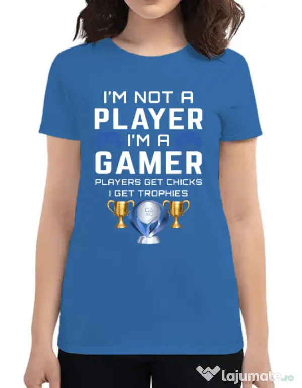 Tricou personalizat dama Gamer Not Player - Playstation trophies Albastru azuriu