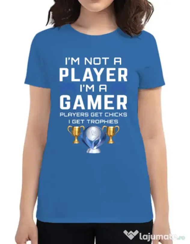 Tricou personalizat dama Gamer Not Player - Playstation trophies Albastru azuriu