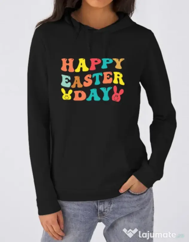Hanorac dama cu gluga HAPPY EASTER DAY Negru