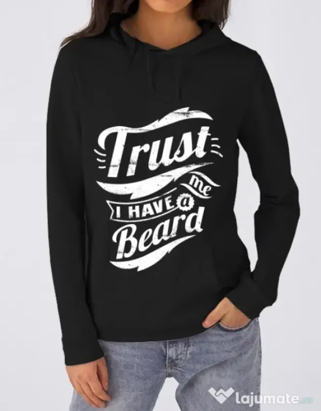 Hoodie dama cu gluga Trust me, I have a beard Negru