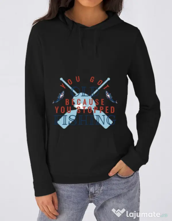 Hoodie dama cu gluga You stopped fishing Negru