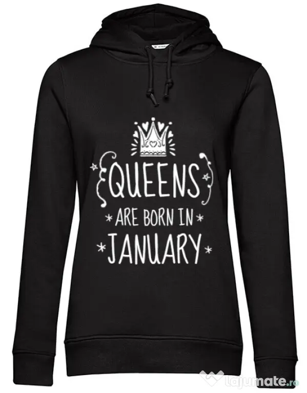 Hoodie dama cu gluga Queens are born in january Negru