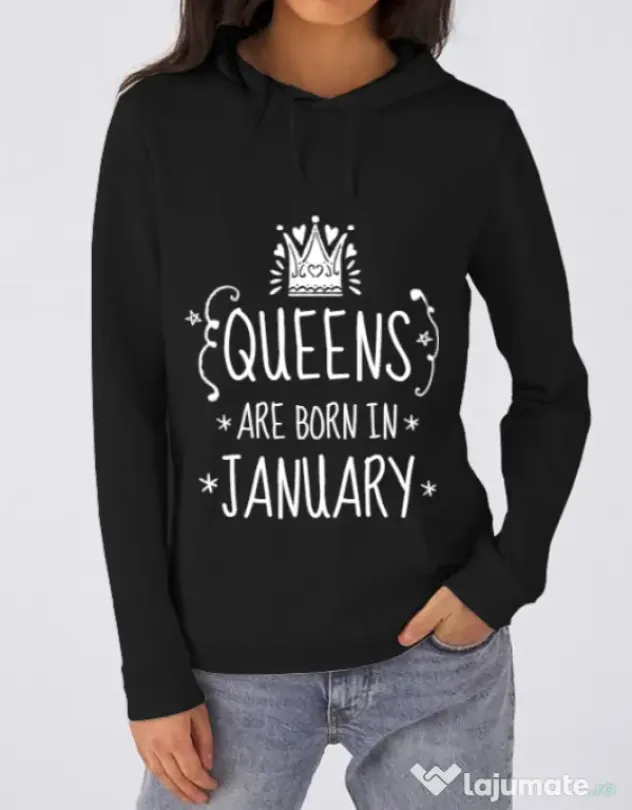 Hoodie dama cu gluga Queens are born in january Negru